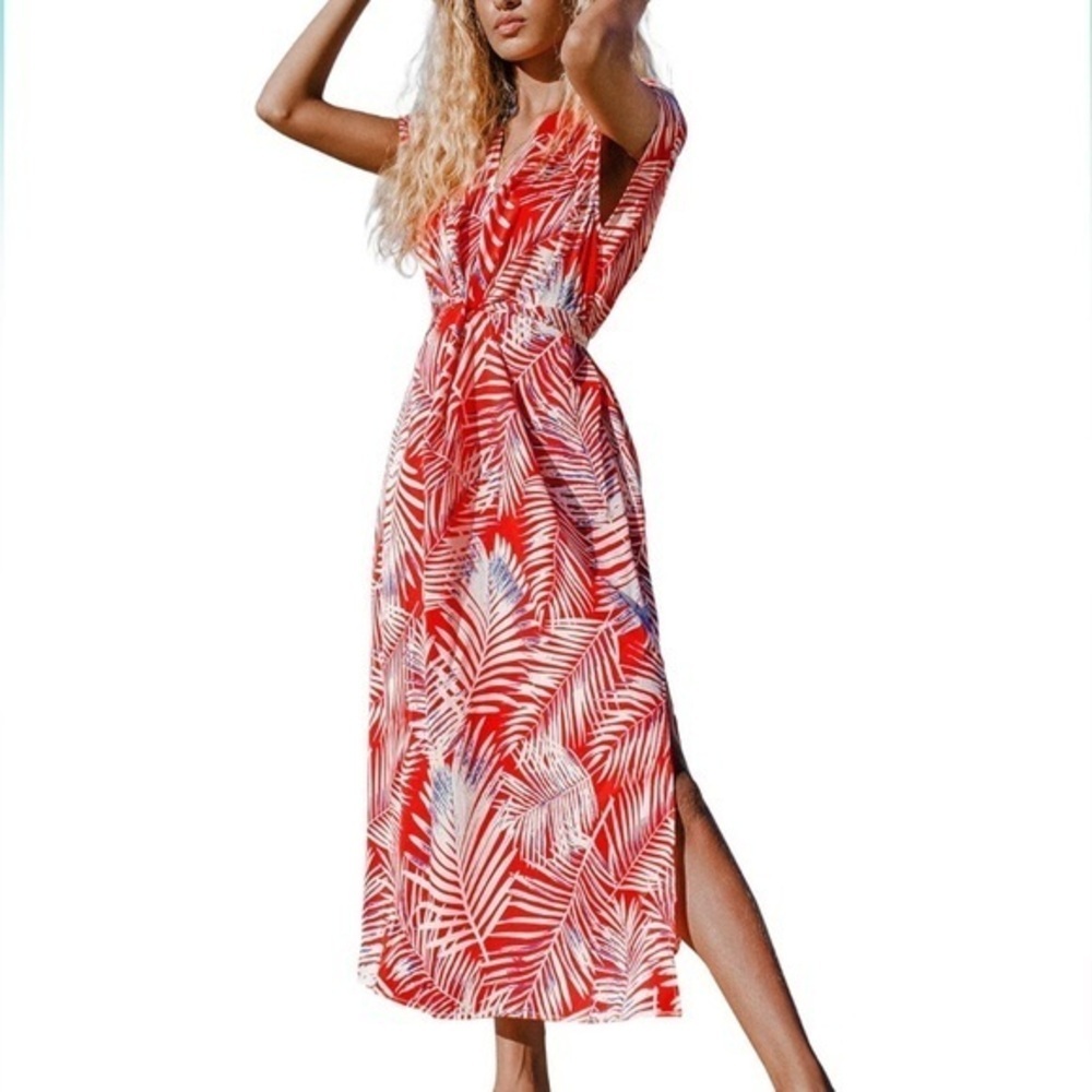 Women’s Tropical Palm Leaf Summer Beach Vacation Red White Dress Cover Up Large